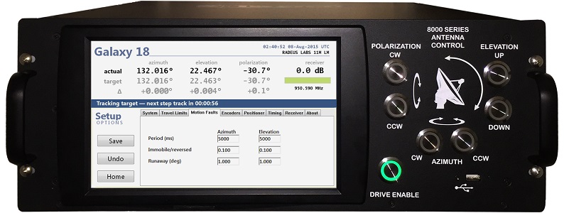 Model 8200 Antenna Controls Unit (ACU) for controlling satellite earth station receivers. photo: front panel display on the Model 8200, including touchscreen and hardware jog buttons.