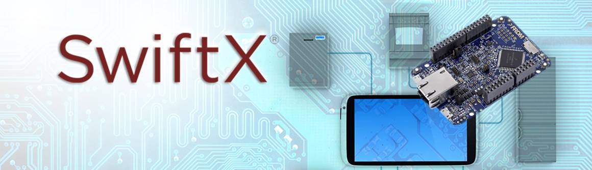 SwiftX logotype on a background of circuitry and generic devices